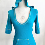 Vintage Ribbed Hoodie Top Y2K 2000s Glam Indie Sleaze Blue Small Photo 0