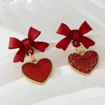 NEW Red Coquette Bow Heart Dangle Earrings Gold Trim Glittery Red Heart Jewelry Photo 3