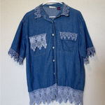 Vintage 90s Denim Shirt L Botton Down Blue 100% Cotton embroidered Details Size L Photo 0