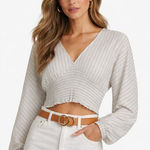 Avec Les Filles White Black Pinstripe Smocked Waist V Neck Crop Top Size L NWT Photo 0