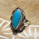 Sterling Silver Long Blue Turquoise and Filigree 925 Ring Photo 3