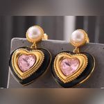 Pearl with Heart Shape Pink Stone & Black Edge Heart Shaped Earrings Rare New Gold Photo 2