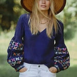 Maeve Anthropologie Sonja Top Women 6 Blue Floral Embroider Balloon Sleeve Boho Photo 0