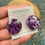 Vintage NOS purple glitter sparkle round lobe pierced earrings Photo 0