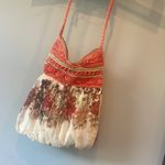 Fall weather ladies fabric /straw tote bag floral pattern Orange Photo 1