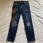 ZARA Trafaluc Size 2 Skinny Jeans Multicolor Boho Floral Embroidered Distressed Photo 0