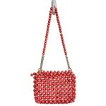 VTG 60s Wooden Bead Shoulder Purse Red/Coral Silver Chain Zipper Pink Interior Red Photo 2