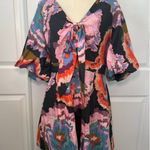 1. State NWT  Floral Print Tie-Neck Romper Short Puff Sleeve Casual Party‎ Large Photo 0