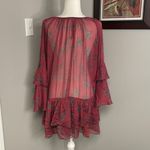 Free People  Sunsette Boho Flowy Ruffle dress size Small Red Floral Sheer Photo 2