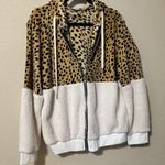 Leopard and White Sherpa Fur Zip Up Hoodie Jacket Size L Photo 1