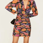 Rixo Golden Floral Mini Dress Size XS Ruched Stretch Silk Long Sleeve Retro Art Photo 0