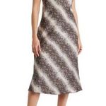 Bebe Womens M Printed Satin Bias Midi Dress in Gray/White NEW Photo 0