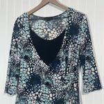 Y2K I.N Studio Floral Wrap Blouse Top L Blue Black Officecore Retro Workwear USA Size L Photo 2