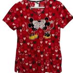 Disney  Women's Mickey Minnie Mouse Kissing Valentines Short Sleeve Scrubs Size S Photo 0