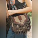 Western Fringe Suede Crossbody Bag Boho Brown & Taupe Saddle Style NWT Photo 2