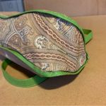 ETRO GREEN FAUX LEATHER TRIM W/TAN & GRAY COTTON PAISLEY PRINT BODY SATCHEL BAG Photo 10