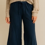 Linen Cotton Blend Navy Wide Leg Crop Pants Small Lace Boho Flowy Lounge Hippie Blue Photo 0