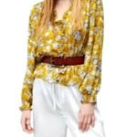 ZARA  Shirt Women Small Yellow Floral Print Jacquard‎ Ruffle Front Blouse Boho Photo 0