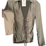 ZARA Tie Front Long Sleeve Sage Green Gray Satin Blouse Top Shirt Extra Small Photo 1