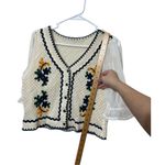 Knit Crochet Button Blouse Women’s XS White Puff Sleeve Embroidered Cottagecore Photo 9