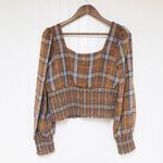 Gianni Bini Brown Plaid Smocked Crop Top Long Puff Sleeve Square Neck Sz 10 New Photo 2