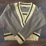 SheIn Brown and Tan V-Neck Sweater with Collegiate Stripes Photo 1