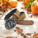 Vintage Style Twin Horses Embossed PU Leather Belt Casual Accessory Size L Tan Size L Photo 6