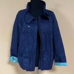 Tahari 🛍️ Navy Blue Mint 3/4 Sleeve Hoodless High Collar Ruffle Frill Jacket L Photo 2