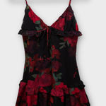 White Fox Boutique  Floral Ruffle Mini Dress Tie Front Black Red Size S Photo 0