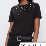 ZARA  black cotton pearls top tee shirt short sleeve women’s Large Photo 0