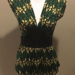 Diane Von Furstenberg  Green & Black Floral Silk Jersey Sleeveless Tie Top Size P Photo 0