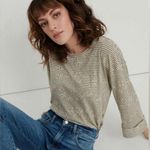 Lucky Brand Size Medium Eyelet Stripe Tee Long Sleeve Scoop Neck Boho Netural Photo 0