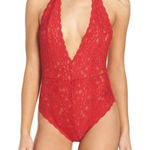 Free People Avery Red Floral Lace Plunging Racerback Bodysuit Size L New Photo 0
