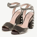 Uterque Gray Velvet Pearl Edgy Feminine Summer Wedding Chic Block Heels Size 37 Photo 0