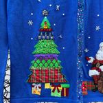 Vintage Blue Light Weight Christmas Cardigan Sweater Santa Presents Tree SMALL Photo 3