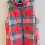 Old Navy  Plaid Quilted Vest Women Size Medium Gray Red Puffer Full Zip Collar Photo 0