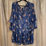 Free People  Navy Blue Floral Sheer Sunsetter Bell Sleeve Mini Dress Small Photo 1