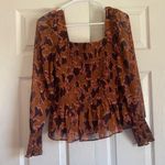 Nine West size medium brown purple floral sheer smocked long sleeve blouse Photo 0