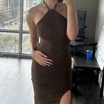 Brown bodycon form fitting swirl raised pattern Halter maxi Dress with slit Size XS Photo 0