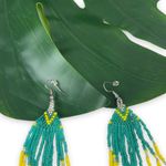 Colorful Boho Native Seed Bead Fringe Earrings Green Photo 3