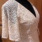 ZARA Sequin Sheer Flounce Sleeve A-Line Wrap Mini Dress Blush Pink Size Medium Photo 13