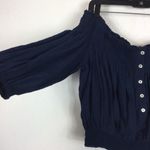 Free People  Dancing Navy Off Shoulder Top Small Till Dawn Smocked Button Photo 9