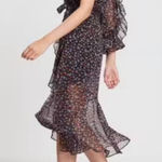 La Maison Talulah Floral Print One Shoulder Ruffle Midi Dress Party Cocktail XS Black Photo 0