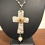 Hammered metal two tone Cross Pendant and faux pearl chain necklace Gold Photo 1