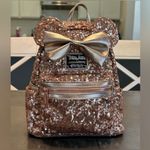 Lounge Fly Disney Rose gold sequin Minnie M backpack matching wallet & ears NWT Photo 2