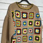 Blue Velvet Crochet Granny Square Boho Knit Sweater Size Small Multicolor Tan Photo 6