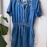 Vintage Studio Wear Romper Chambray Denim Floral Daisy Embroidered Size Medium Blue Photo 0