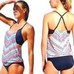Athleta Moxie Collection Tankini Swim Top Pink Navy Bra Strap UPF 50, Size 34B C Photo 1
