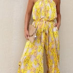 Aakaa  Yellow HOLTZ SATIN PRINTED HALTER JUMPSUIT size Small Photo 0