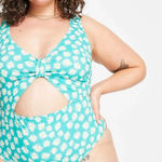 Peek & Beau Curve Tie Front Cut Out Swimsuit Green Sunflower Plus Size 20 NWT White Photo 0